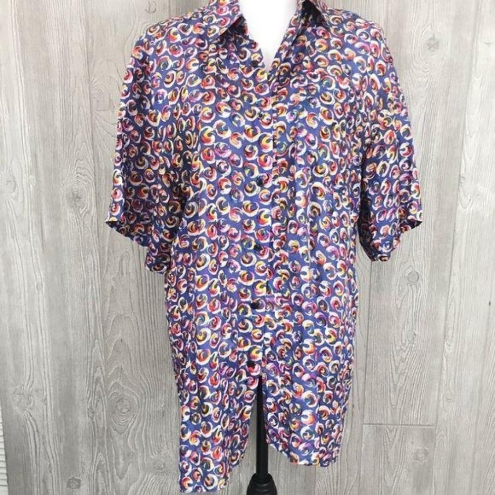Vintage volare silk rainbow circle short sleeve button front shirt medium